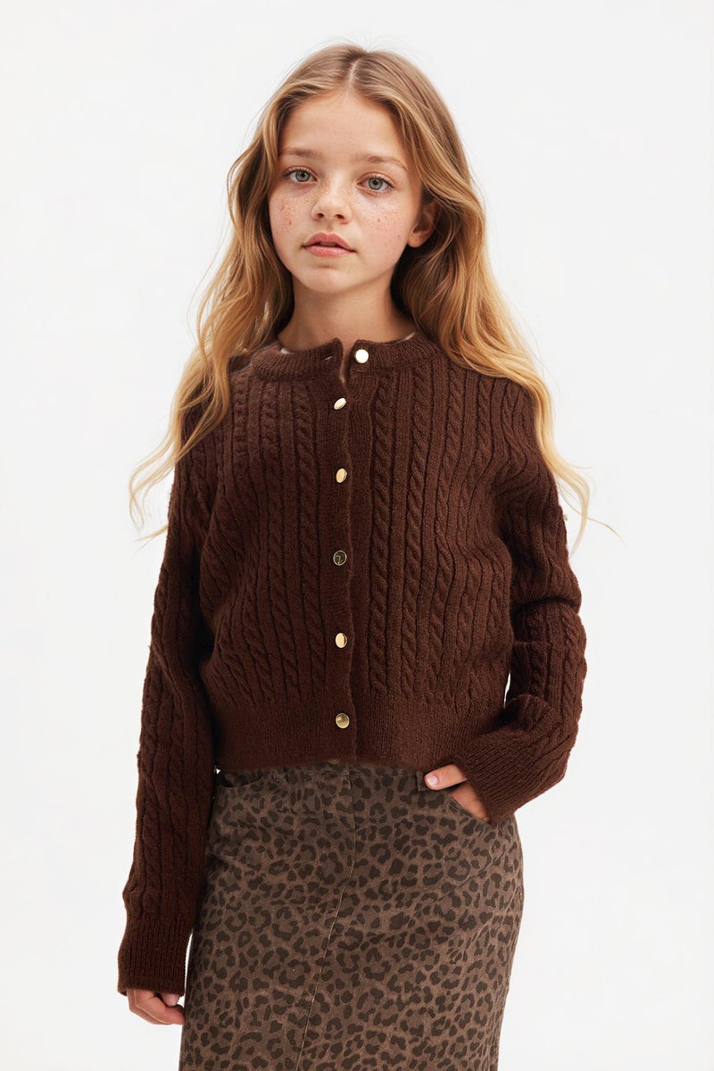 DeFacto Brown Girl Girl Crew Neck Knit Cardigan Casual - Image 3
